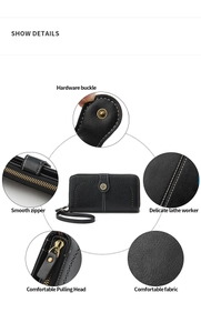 Detail view of black long wallet featuring hardware buckle and smooth zipper details