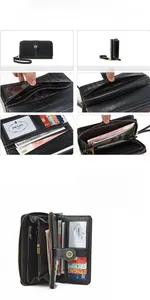 Detail of long leather zipper wallet featuring multiple card slots and spacious compartments