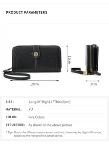 Detailed view of women's long zip wallet with daisy metal button and size dimensions