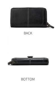 Detail view of the back and bottom of a black leather wallet with white contrast stitching