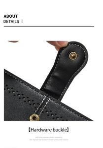 Close-up of black oil wax leather wallet featuring bronze hardware buckle and white stitching