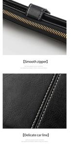 Detail of smooth gold zipper and contrast stitching on a black long leather wallet