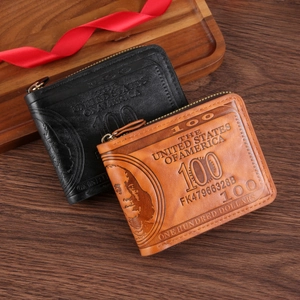 Vintage short zipper wallet set in black and brown with embossed 100 dollar pattern