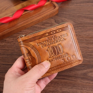 Men Short Zipper Wallet PU Leather Retro Dollar Bill Embossed Money Clip Card Holder With ID Window Vintage Purse