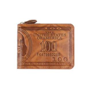 Brown bifold wallet for men featuring retro US dollar bill embossing and zip closure