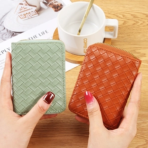 Stylish woven leather zip card wallet with large capacity in mint green and brown