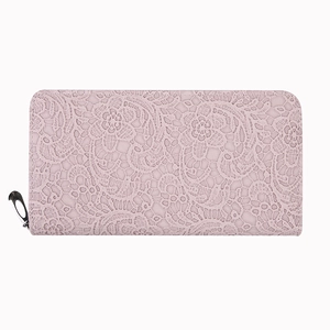 Portefeuille long pour femme en dentelle rose avec motif floral et fermeture éclair