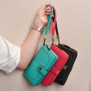 Fashion women's long wax leather wallets with sunflower metal buckle and wrist strap