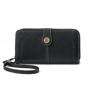 Black wax leather long zipper wallet with sunflower buckle and wrist strap detail