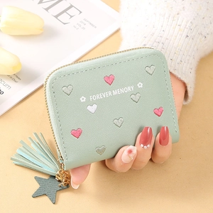 Mint green women's zipper wallet featuring heart embroidery and stylish star tassel