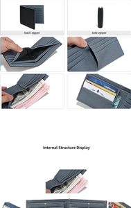Detailed internal structure display of grey bi-fold men's wallet with multi-card slots