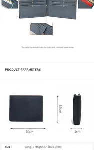 Detailed size chart showing dimensions 10x8.5x1 cm for the bifold men's wallet