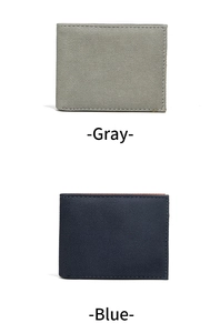 Detailed comparison of gray and blue bifold wallets showing durable fabric and precise stitching