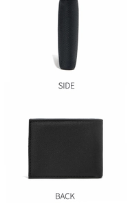 Side and back view of a slim black bifold wallet showing leather texture and thickness