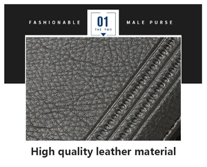 Close-up of black litchi grain PU leather with durable double-stitched edge on male purse