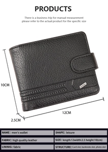 Detailed dimensions of the black men's PU leather wallet showing size 12x10x2.5 cm