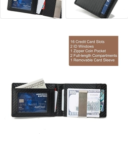 Detail of carbon fiber wallet showing 16 card slots, money clip and zipper coin pocket
