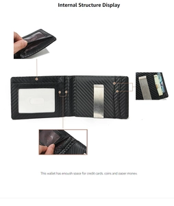 Detail of men's carbon fiber wallet featuring a 360-degree rotating money clip and ID window
