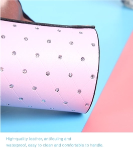 Macro detail of pink quilted leather with rhinestones, waterproof and easy to clean