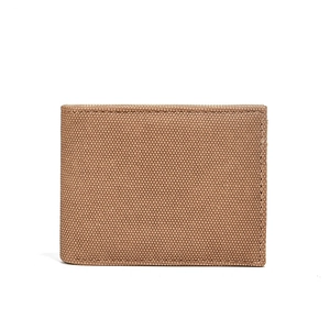 Classic men's brown bifold wallet in durable woven fabric texture on white background