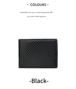 Close-up of a black men's wallet with carbon fiber texture and fine edge stitching