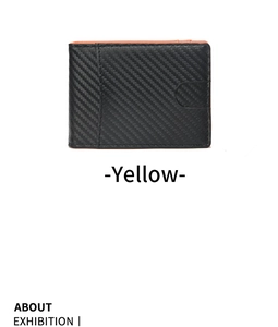 Detail of bifold wallet with black carbon fiber texture and vibrant yellow interior lining