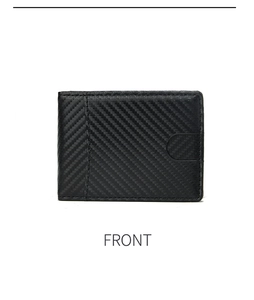 Front view of carbon fiber minimalist wallet with compact card slot and textured finish