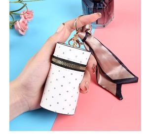 Detailed macro of a white cylindrical mini pouch with quilted texture and silk scarf