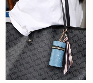 Blue mini cylinder bucket coin purse charm with quilted pattern and silk scarf detail