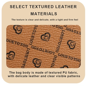 Close-up of brown litchi pattern PU leather with heart and letter prints on wallet