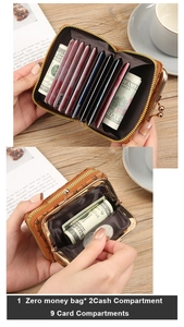 Brown vintage PU leather wallet with multiple card slots and secure coin pocket detail