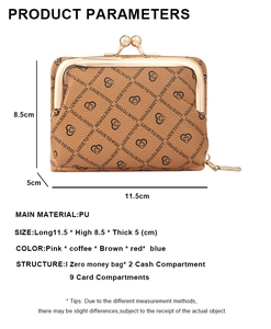 Detailed view of women's short wallet showing dimensions and internal storage compartments