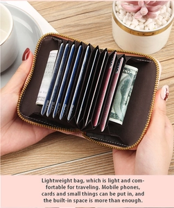 Macro shot of large capacity pink PU leather card holder showing multi-slot organ interior