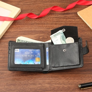 Men's bifold PU leather wallet with ID window and coin pocket on a wooden desk