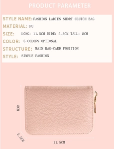 Pink PU leather card holder detail showing lychee texture and 11.5x8x2.5cm dimensions