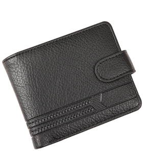 Men's black bifold PU leather wallet with litchi texture and buckle at 45-degree angle