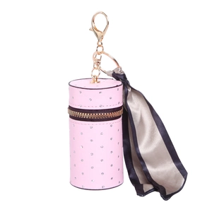 Luxury mini cylinder coin purse with pink quilted faux leather and crystal studs