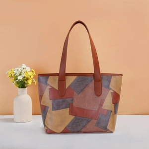 Sac fourre-tout rétro en similicuir avec patchwork géométrique et longues bandoulières