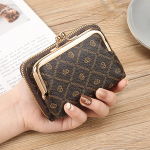 Vintage brown leather wallet with love heart prints and dual zipper kiss-lock closure