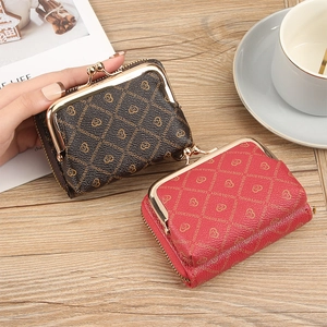 Women Small Wallet PU Leather Vintage Kiss Lock Clasp Zipper Coin Purse Heart Print Multi Card Slots Large Capacity