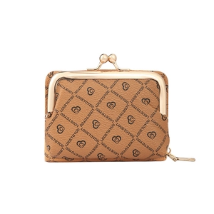 Brown leather coin purse with heart print and gold metal clasp on white background