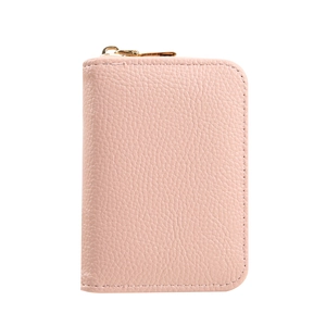 Pink PU leather card holder with litchi texture and gold zipper for men and women