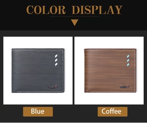 Dettaglio di portafogli maschili blu e caffè con trama in pelle spazzolata fine