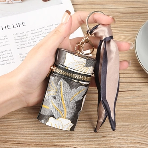 Mini Bolsa de Lápiz Labial de Bordado Floral Estilo Chino Con Llavero de Pañuelo de Seda Monedero Cilíndrico Elegante para Mujer