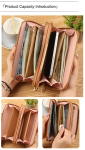 Internal view of double-zipper long wallet showing large capacity and card slots