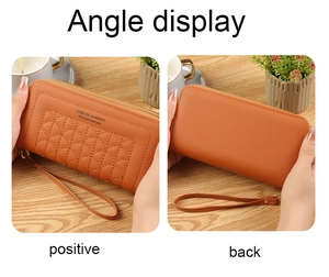 Front and back view of quilted orange-brown long wallet with double zippers and wristlet