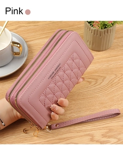 Pink double zipper long wallet featuring quilted heart embroidery and leather wristlet