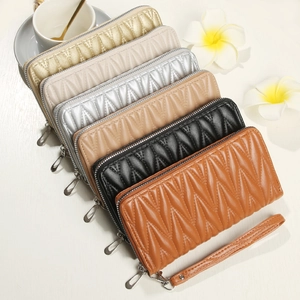 Quilted faux leather long wallet set with zipper closure and wristlet strap in six colors