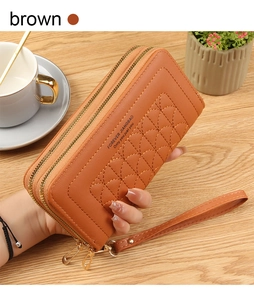 Brown long leather wallet for women with double zipper and elegant quilted texture