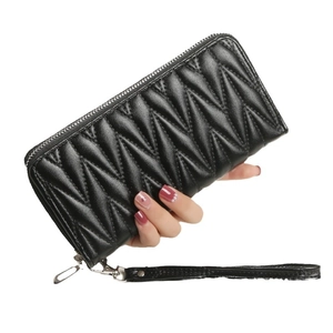 Women's black V-quilted faux leather long wallet with wristlet and silver zipper